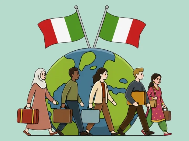 Illustrazione di persone in arrivo in Italia per pratiche di immigrazione